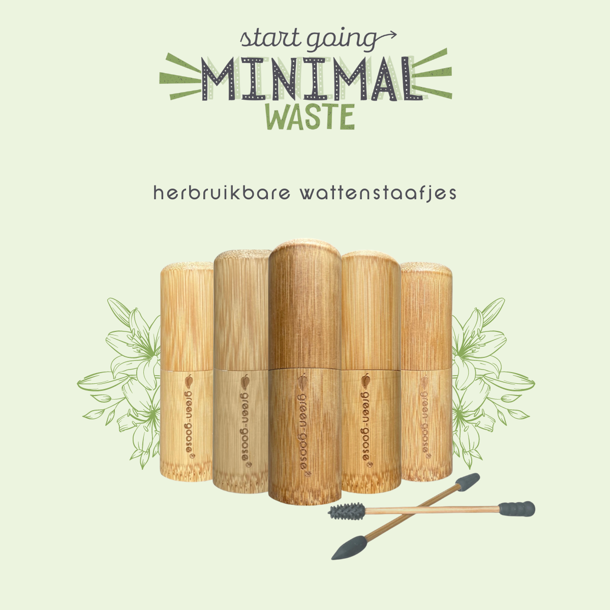 2 Herbruikbare Wattenstaafjes met Bamboe Houder green-goose