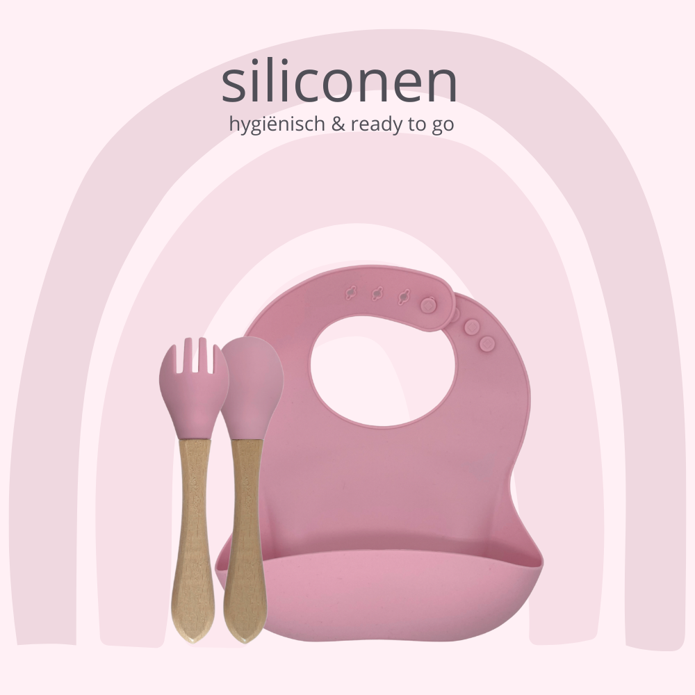 Silicone Bib and Bamboo Cutlery | Pink